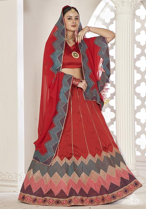 Dark Red Sequin Embroidered Taffeta Silk Lehenga Set