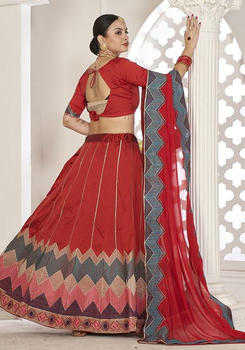 Dark Red Sequin Embroidered Taffeta Silk Lehenga Set