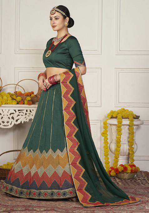 Green Sequin Embroidered Taffeta Silk Lehenga Set