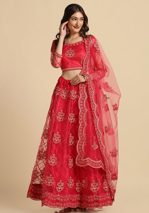 Pink Sequin Embroidered Net Lehenga Set