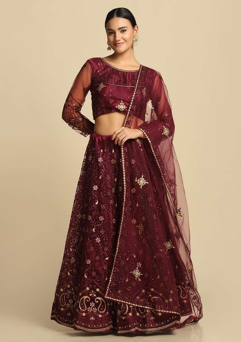 Purple Net Lehenga Set with Embroidered & Sequin for Diwali | Wedding & Festive Wear - Indya