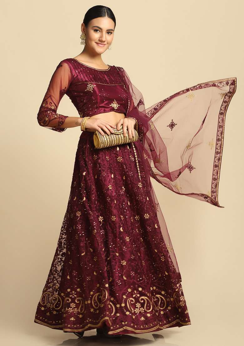 Purple Net Lehenga Set with Embroidered & Sequin for Diwali | Wedding & Festive Wear - Indya