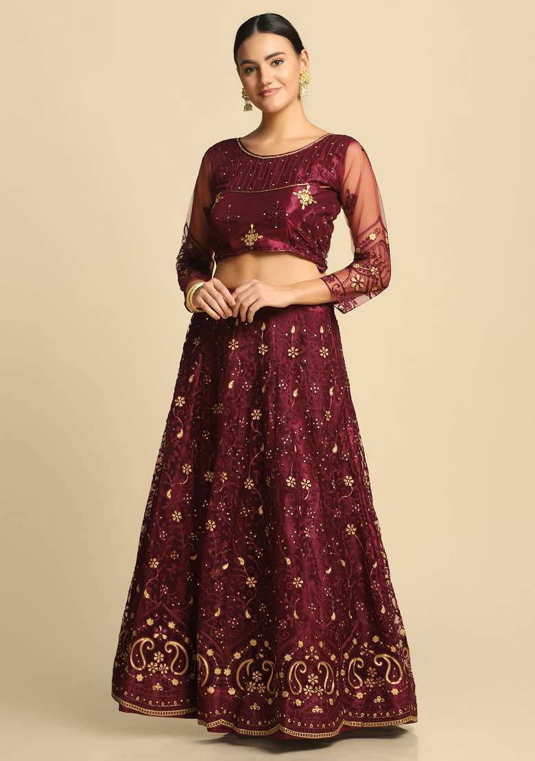 Purple Net Lehenga Set with Embroidered & Sequin for Diwali | Wedding & Festive Wear - Indya
