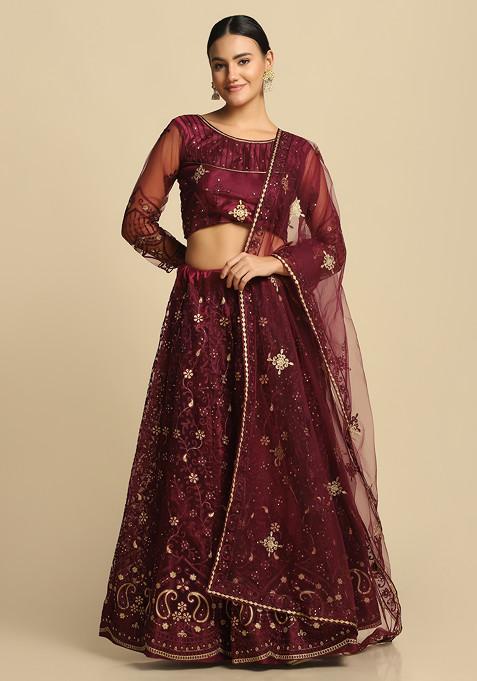 Purple Sequin Embroidered Net Lehenga Set