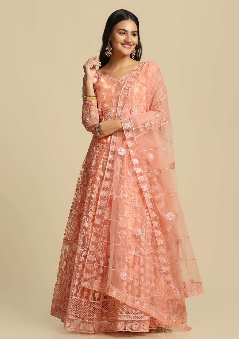 Peach Sequin Embroidered Net Lehenga Set for Diwali and Festive Wear - Indya