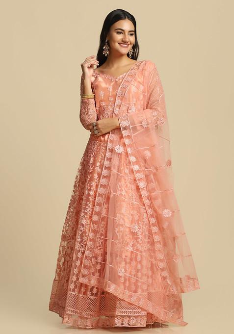 Peach Sequin Embroidered Net Lehenga Set