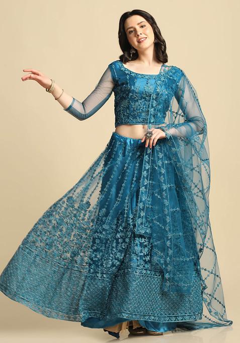 Rama Blue Sequin Embroidered Net Lehenga Set