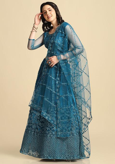 Rama Blue Sequin Embroidered Net Lehenga Set