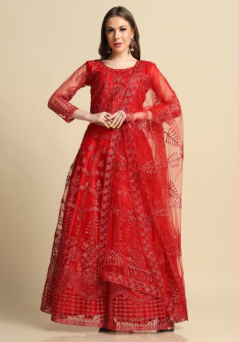 Red Sequin Thread Embroidered Net Lehenga Set