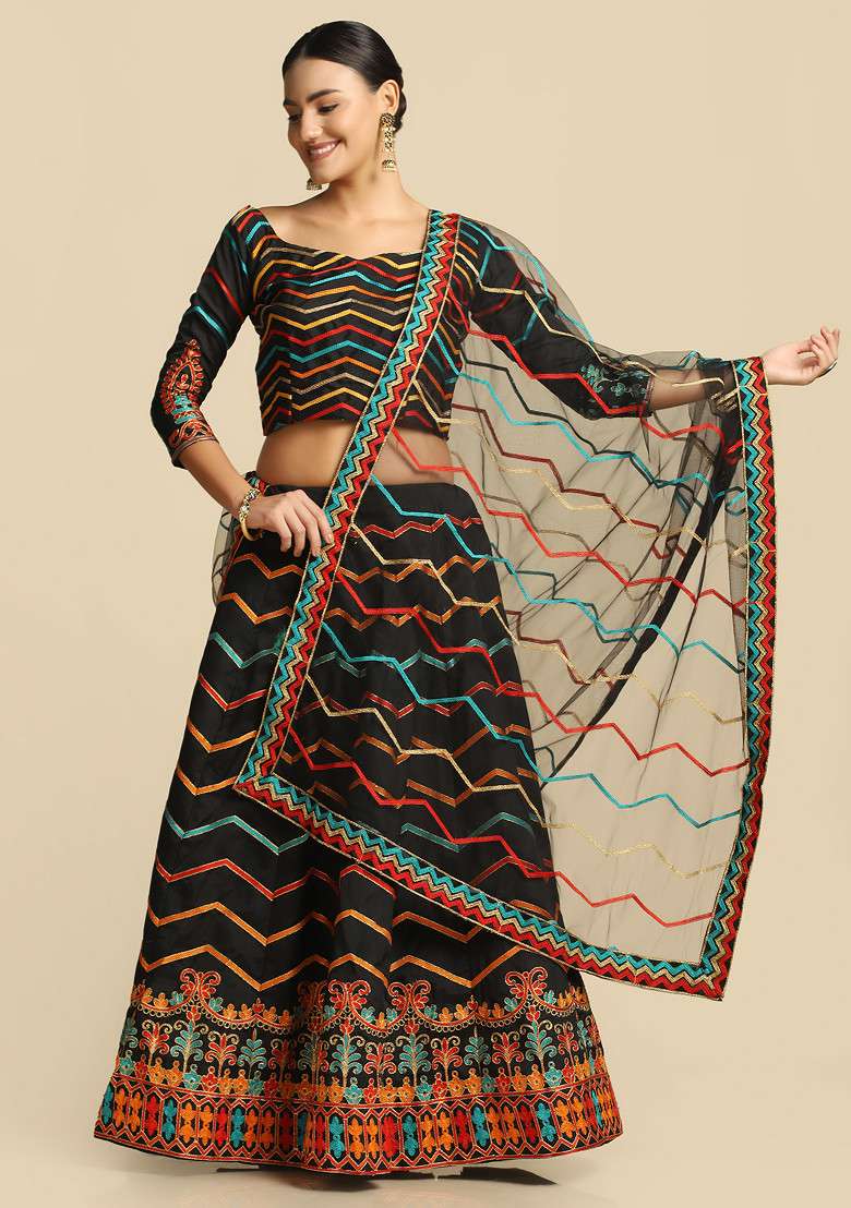 Black Embroidered Taffeta Silk Blend Lehenga Set for Diwali and Festive Wear - Indya