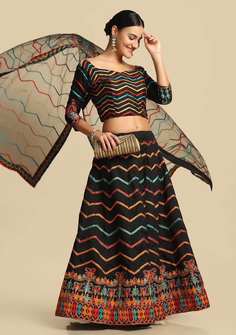 Black Embroidered Taffeta Silk Blend Lehenga Set for Diwali and Festive Wear - Indya