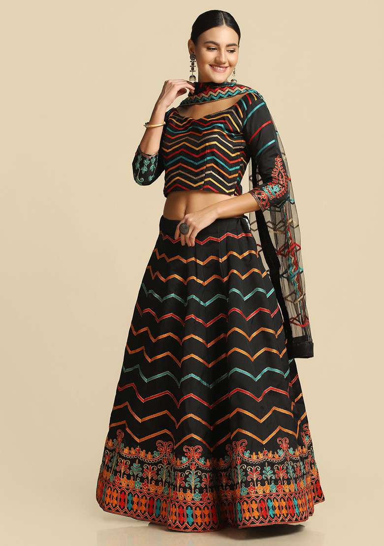 Black Embroidered Taffeta Silk Blend Lehenga Set for Diwali and Festive Wear - Indya