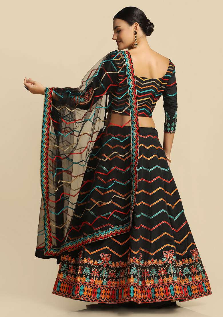 Black Embroidered Taffeta Silk Blend Lehenga Set for Diwali and Festive Wear - Indya