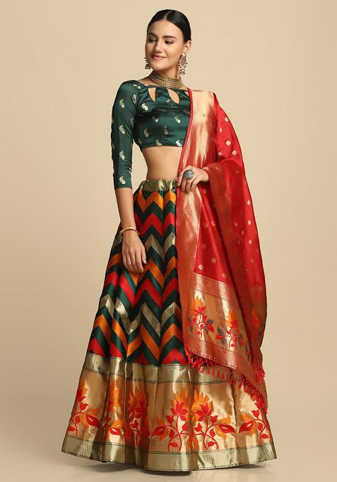 Green Gold Woven Design Taffeta Silk Lehenga Set