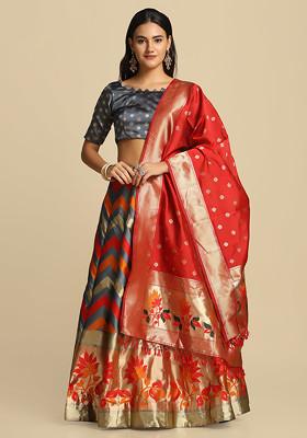 Grey Gold Woven Design Taffeta Silk Lehenga Set