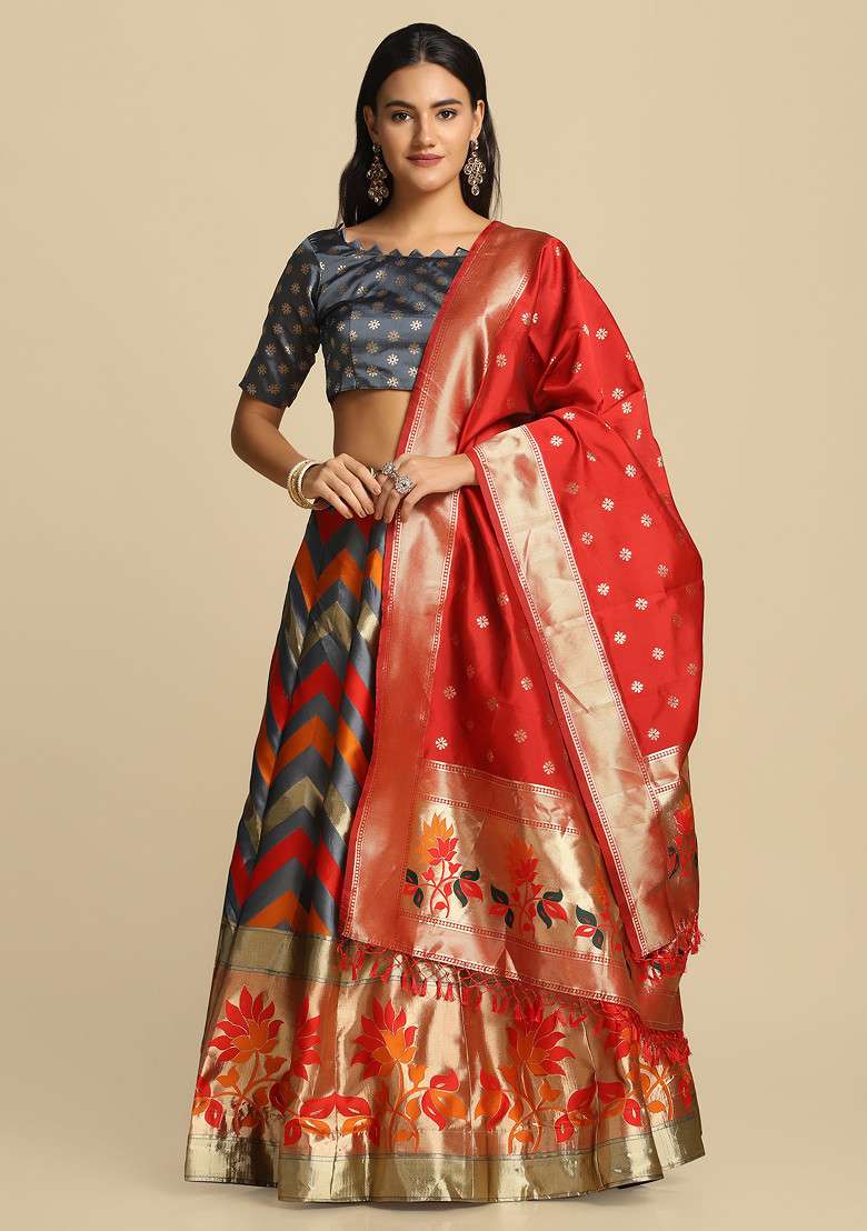 Grey Gold Woven Design Taffeta Silk Blend Lehenga Set for Diwali | Wedding & Festive Wear - Indya