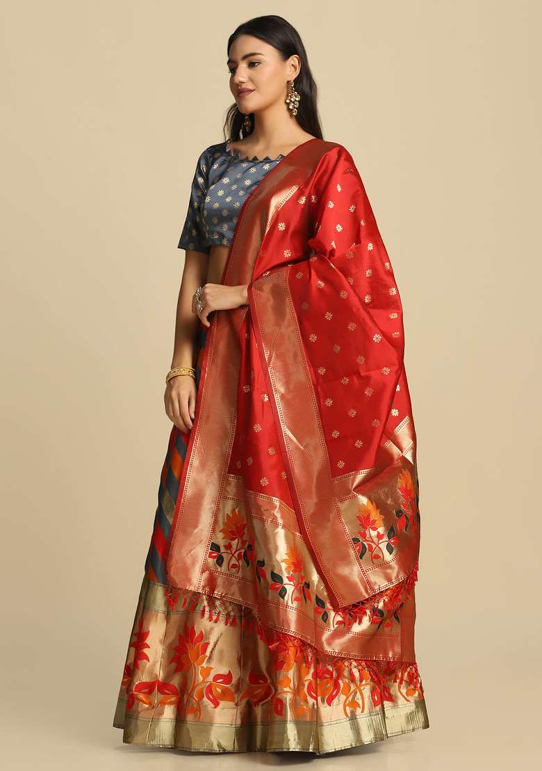 Grey Gold Woven Design Taffeta Silk Blend Lehenga Set for Diwali | Wedding & Festive Wear - Indya
