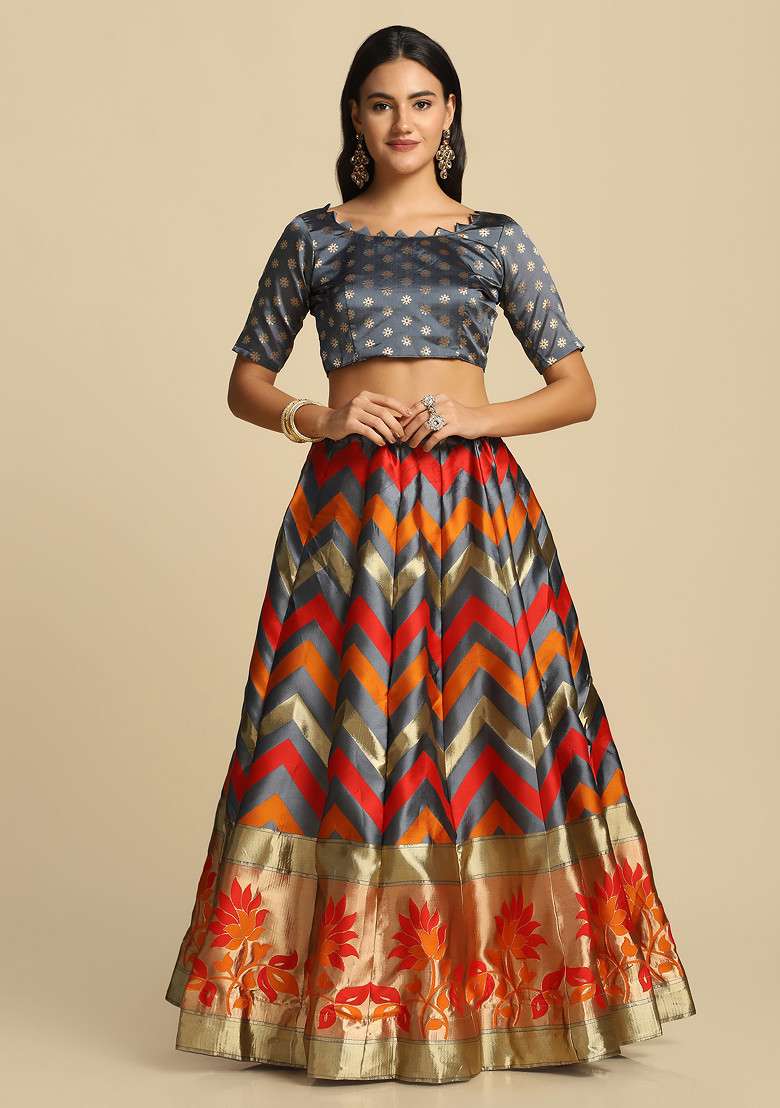 Grey Gold Woven Design Taffeta Silk Blend Lehenga Set for Diwali | Wedding & Festive Wear - Indya