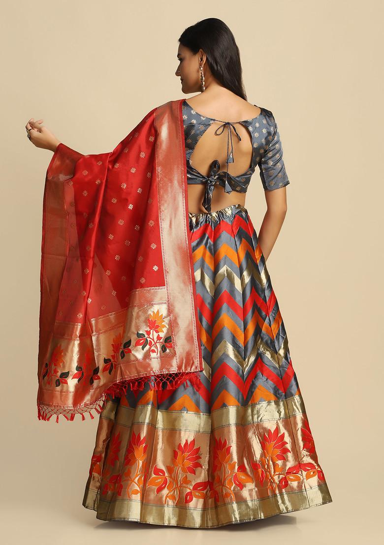 Grey Gold Woven Design Taffeta Silk Lehenga Set - Indya