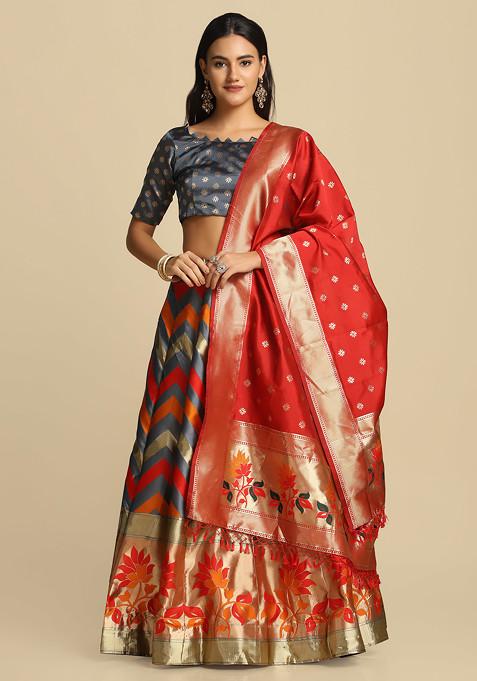 Grey Gold Woven Design Taffeta Silk Lehenga Set