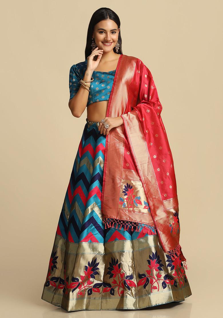 Sky Blue Gold Woven Design Taffeta Silk Lehenga Set