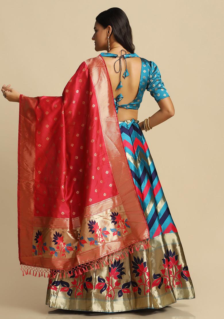 Sky Blue Gold Woven Design Taffeta Silk Lehenga Set