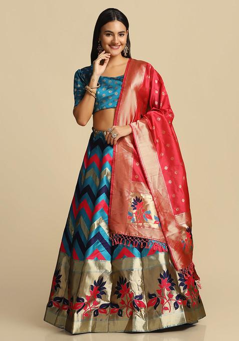 Sky Blue Gold Woven Design Taffeta Silk Lehenga Set