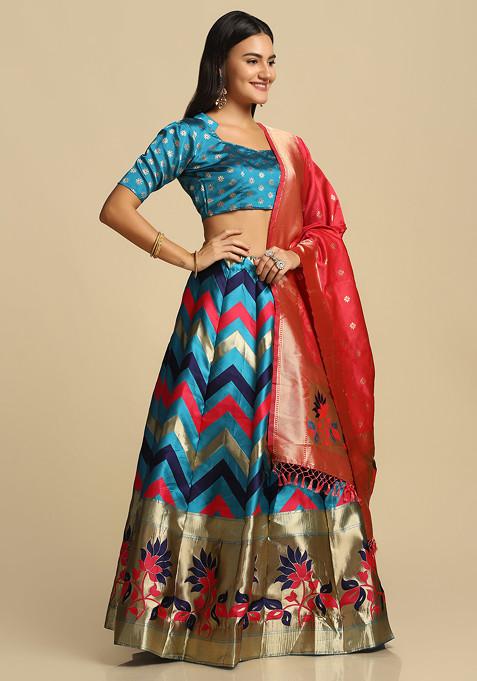 Sky Blue Gold Woven Design Taffeta Silk Lehenga Set