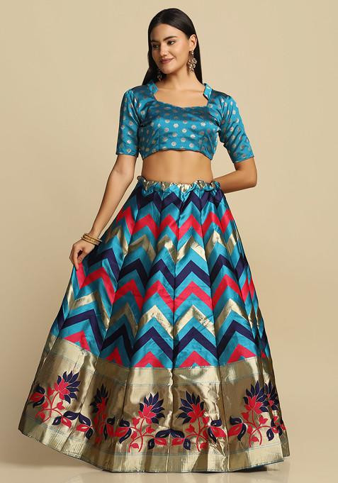 Sky Blue Gold Woven Design Taffeta Silk Lehenga Set