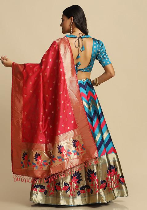 Sky Blue Gold Woven Design Taffeta Silk Lehenga Set