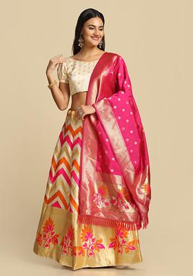 White Gold Woven Taffeta Silk Lehenga Set