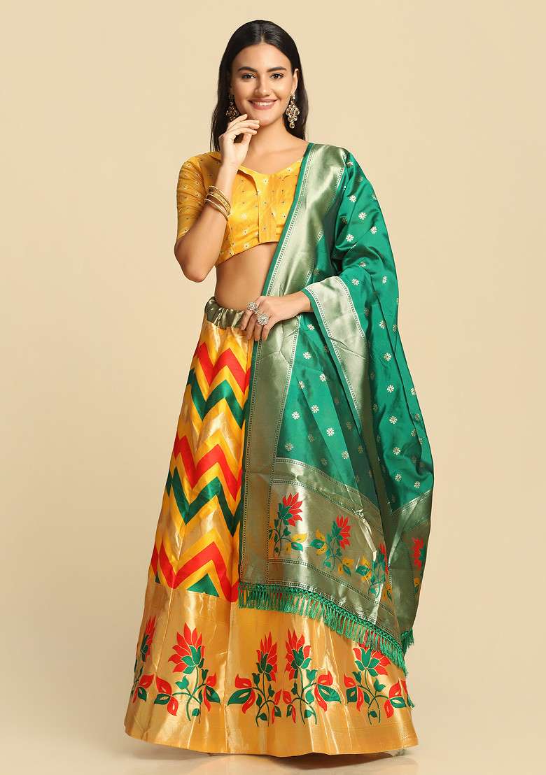 Mustard Gold Woven Design Taffeta Silk Blend Lehenga Set for Diwali and Festive Wear - Indya