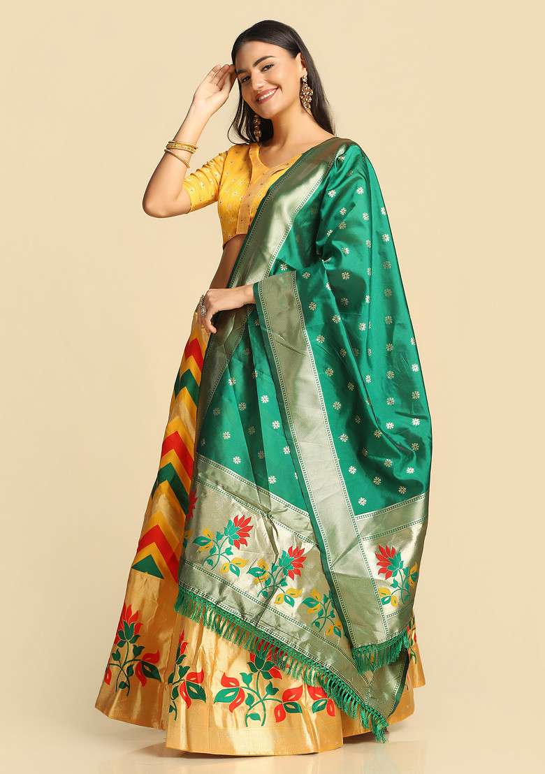 Mustard Gold Woven Design Taffeta Silk Blend Lehenga Set for Diwali and Festive Wear - Indya