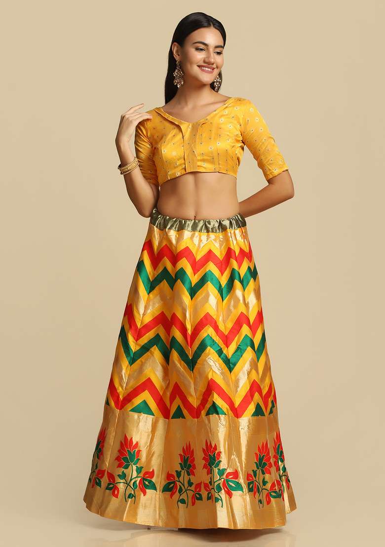Mustard Gold Woven Design Taffeta Silk Blend Lehenga Set for Diwali and Festive Wear - Indya
