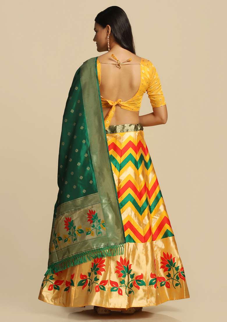 Mustard Gold Woven Design Taffeta Silk Blend Lehenga Set for Diwali and Festive Wear - Indya
