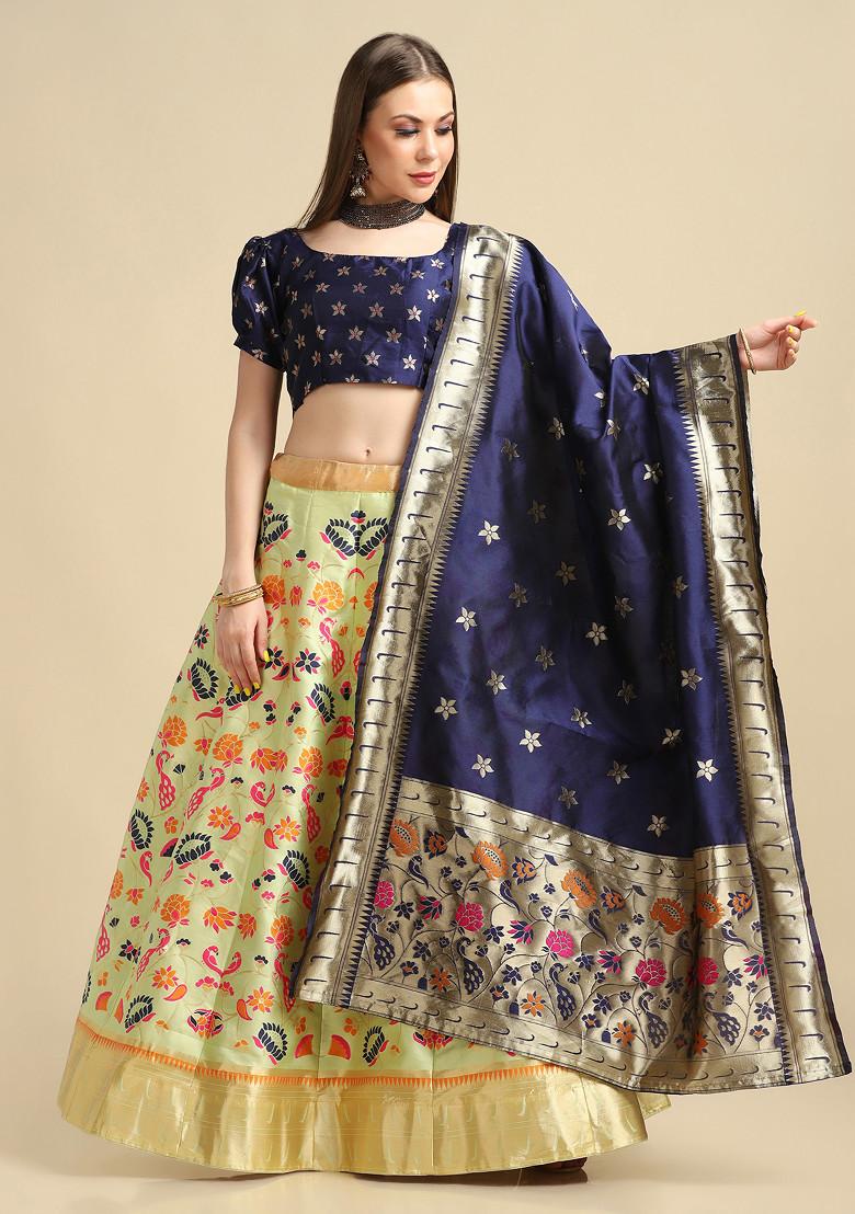 Parrot Green Gold Woven Taffeta Silk Lehenga Set