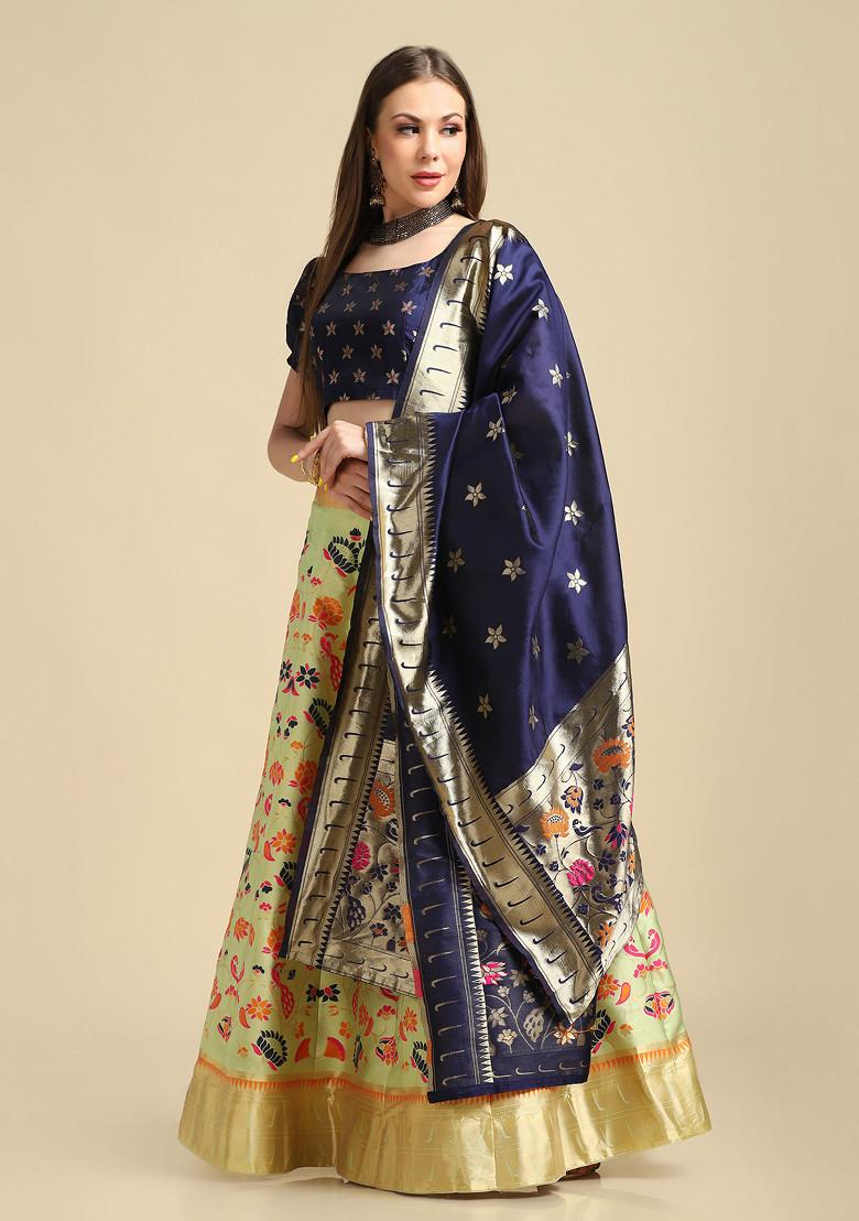 Parrot Green Gold Woven Taffeta Silk Lehenga Set
