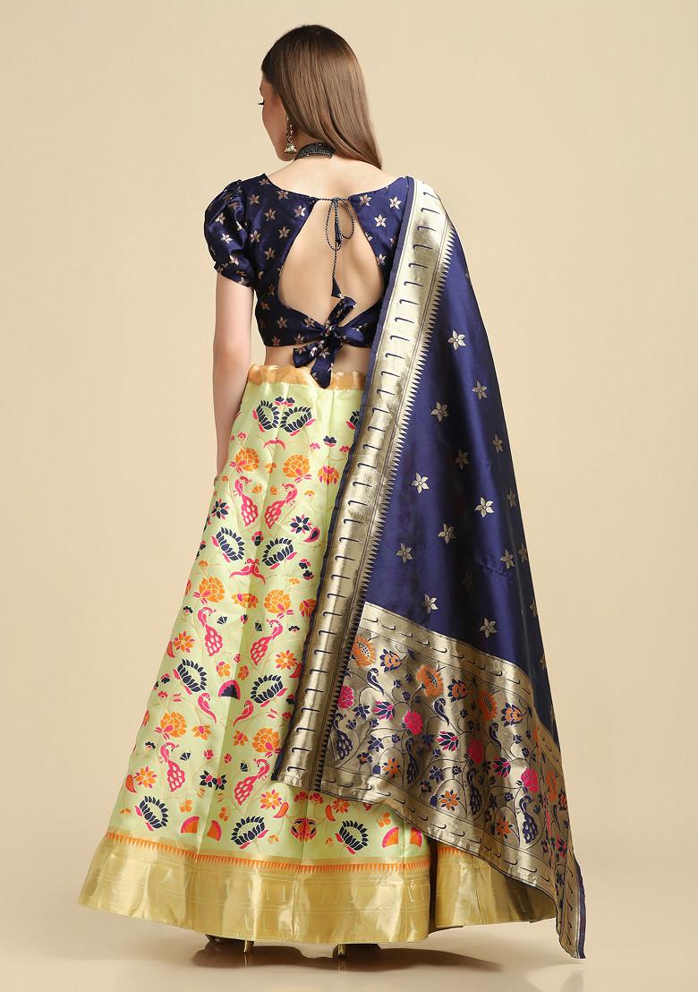 Parrot Green Gold Woven Taffeta Silk Lehenga Set