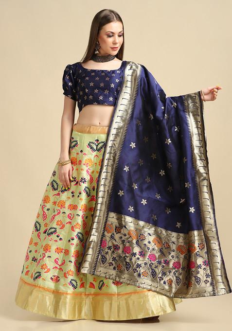 Parrot Green Gold Woven Taffeta Silk Lehenga Set