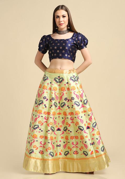 Parrot Green Gold Woven Taffeta Silk Lehenga Set
