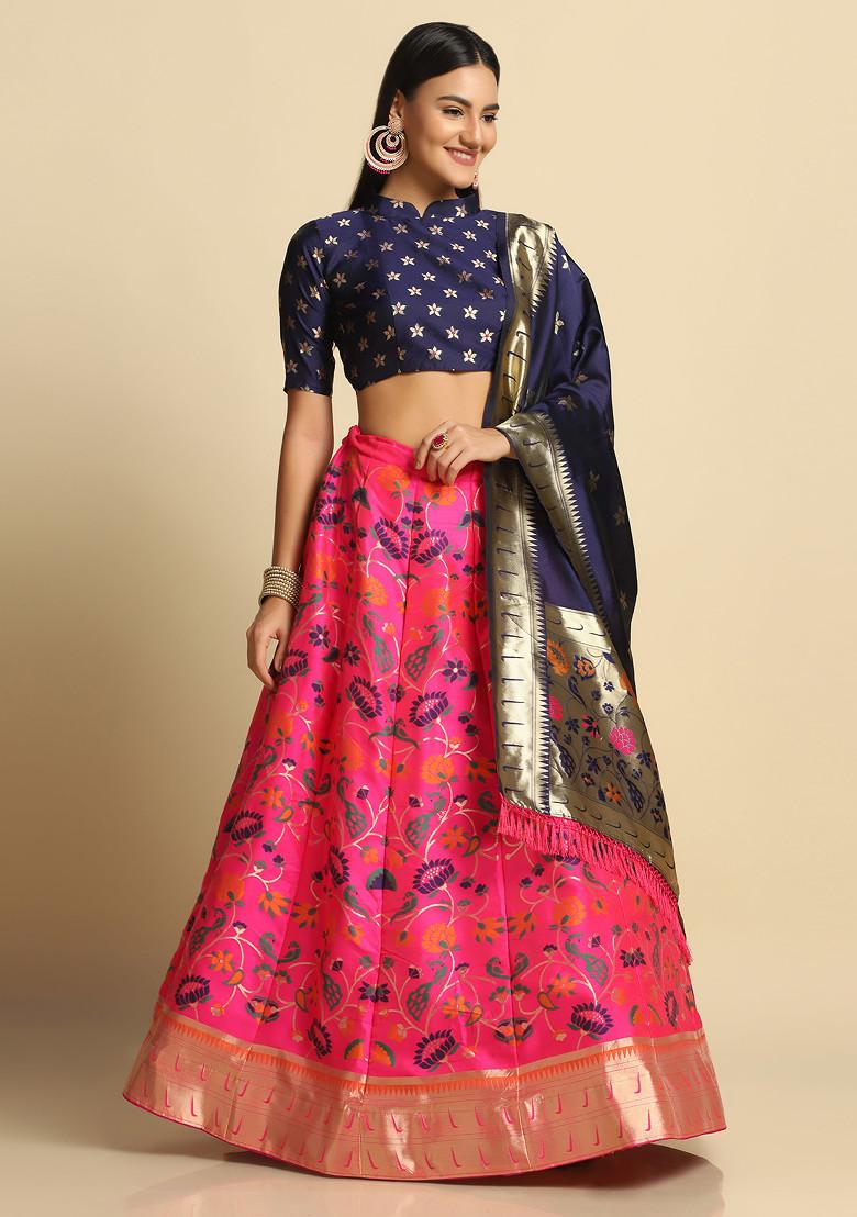 Pink Zari Gold Woven Design Taffeta Silk Lehenga Set