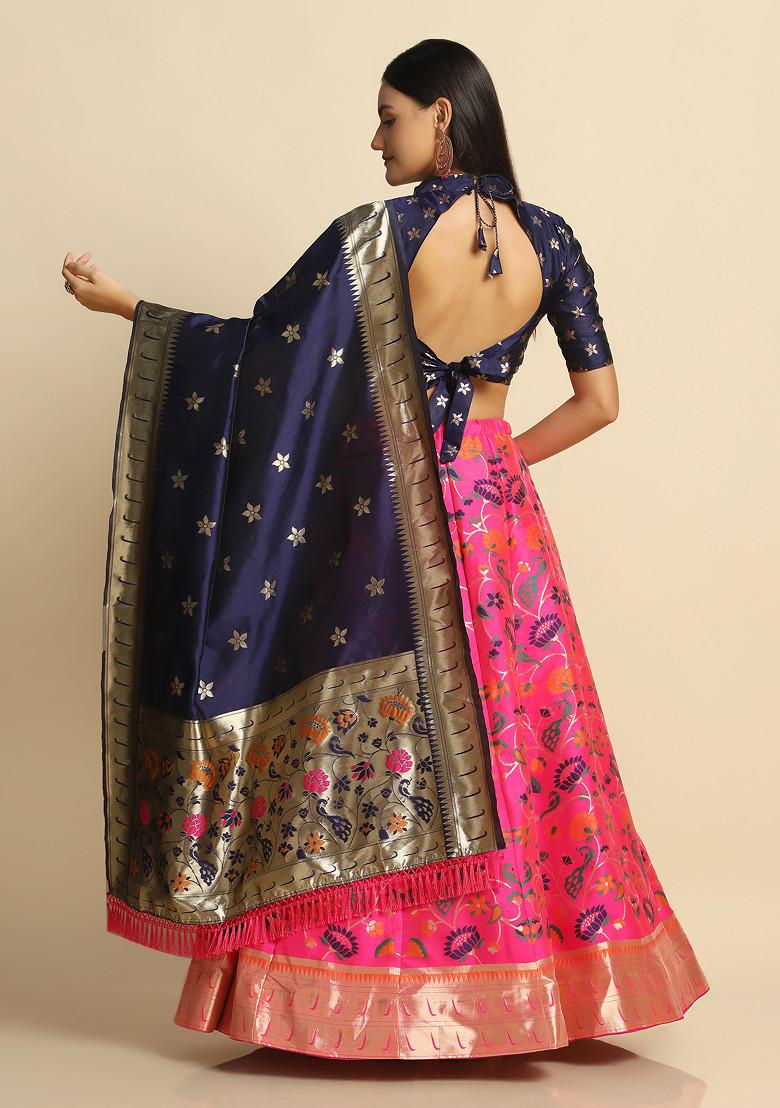 Pink Zari Gold Woven Design Taffeta Silk Lehenga Set