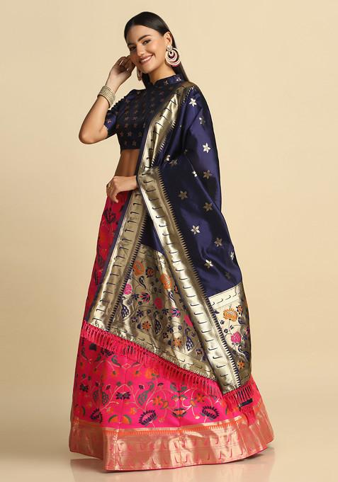 Pink Zari Gold Woven Design Taffeta Silk Lehenga Set