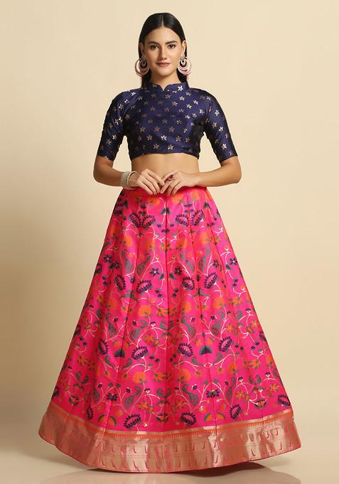 Pink Zari Gold Woven Design Taffeta Silk Lehenga Set