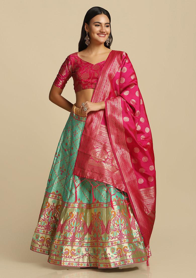 Pista Green Zari Gold Woven Taffeta Silk Lehenga Set