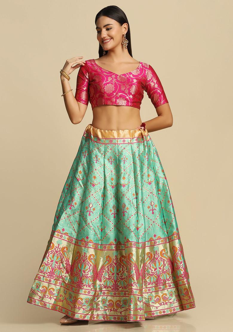Pista Green Zari Gold Woven Taffeta Silk Lehenga Set