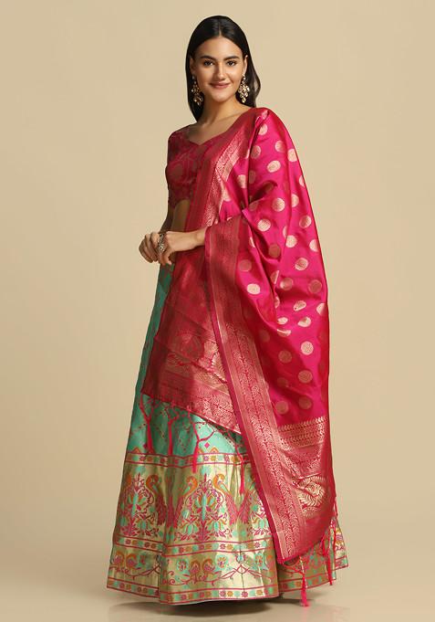Pista Green Zari Gold Woven Taffeta Silk Lehenga Set
