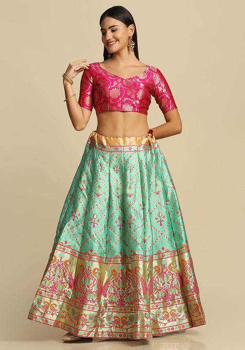 Pista Green Zari Gold Woven Taffeta Silk Lehenga Set