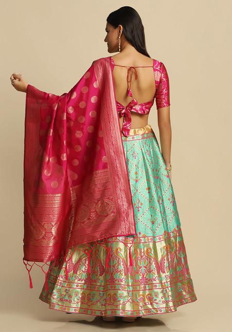 Pista Green Zari Gold Woven Taffeta Silk Lehenga Set