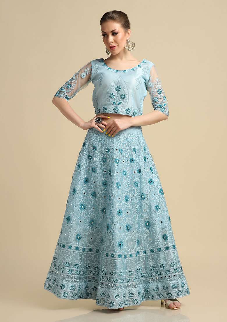 Sky Blue Taffeta Silk Blend Lehenga Set with Embroidered for Diwali | Wedding & Festive Wear - Indya